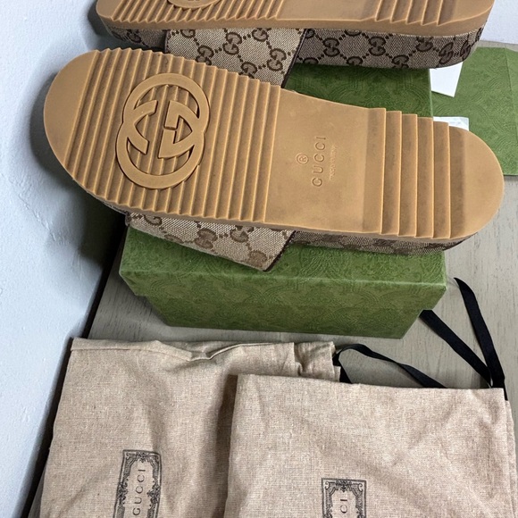 Gucci Beige and Brown Monogram Slides - Picture 4 of 12